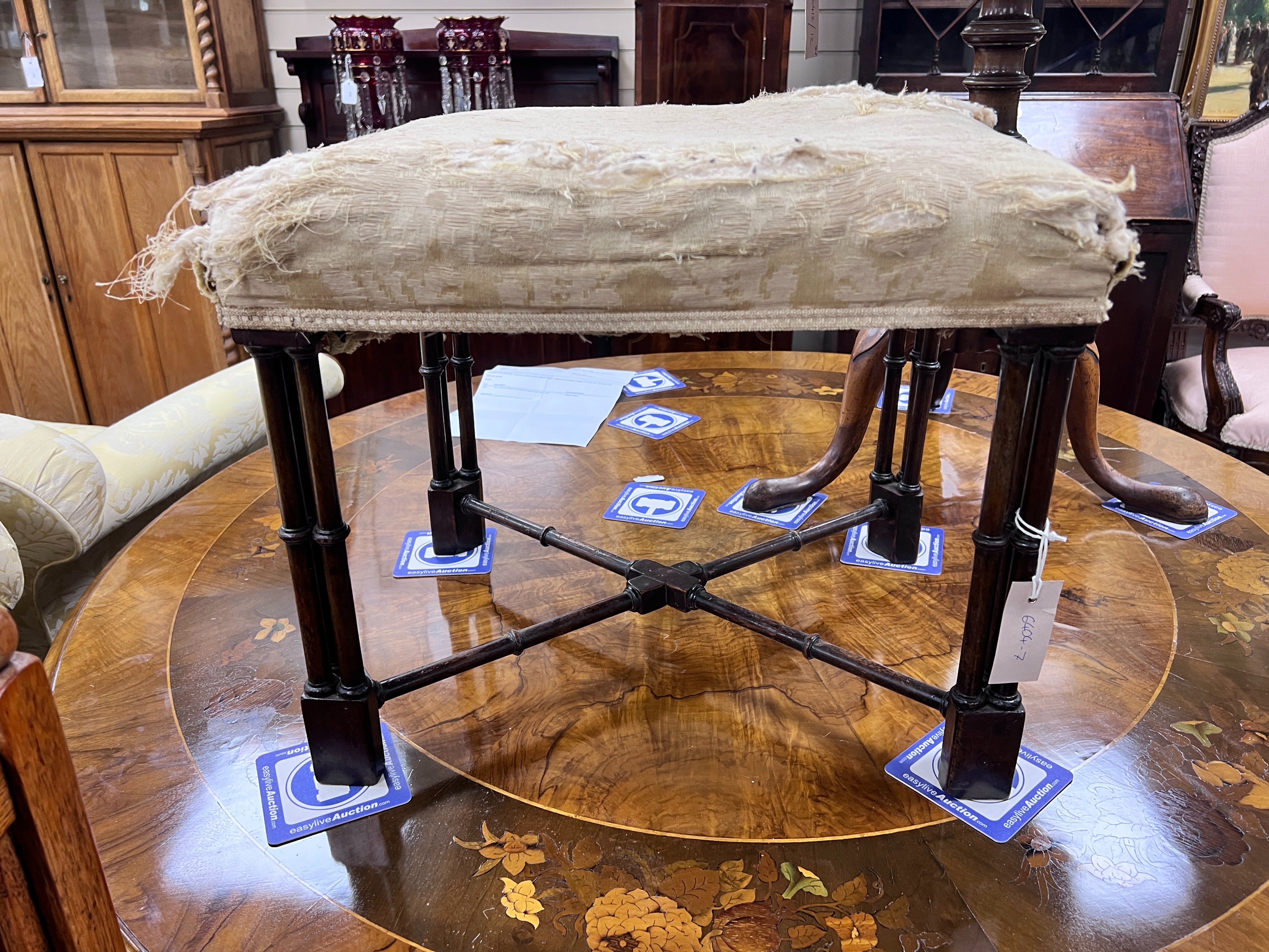 A George III style rectangular mahogany dressing stool with cluster column leg, width 48cm, depth 38cm, height 40cm